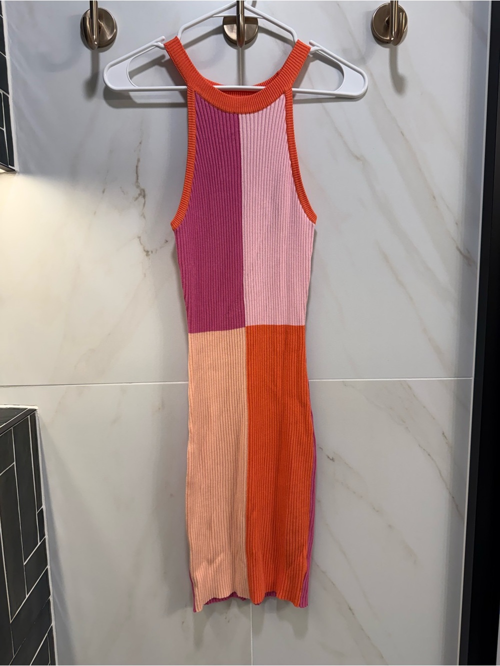 Colorblock Ribbed Knit Mini Dress - Pink & Orange